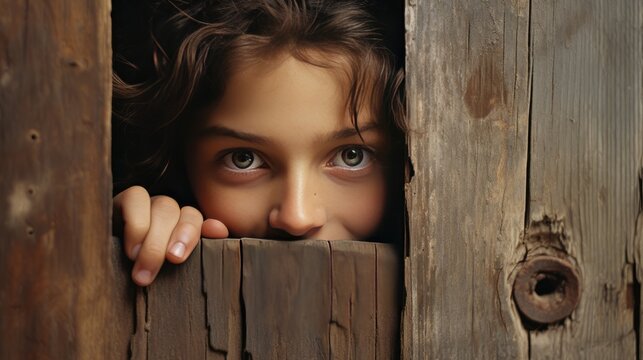 close-up portrait of child peeking through door in