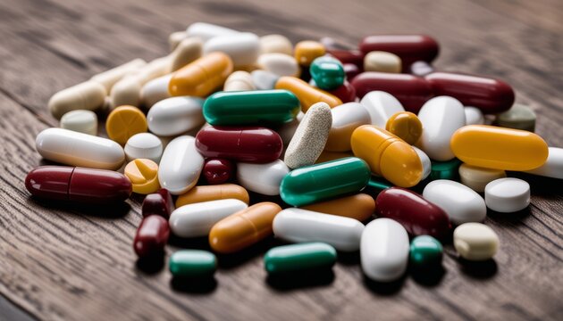 A collection of pills on a wooden table