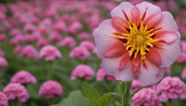 A single pink flower in a field of pink flowers