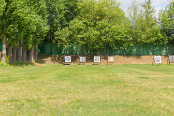 circle targets of the archery put on the grass field in lviv