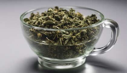 A glass bowl filled with green herbs