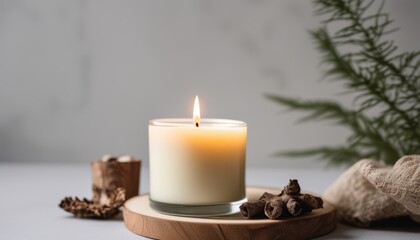 A lit candle on a wooden tray with pine cones and a plant