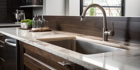 Modern kitchen with dark wood cabinets, marble countertop, chrome faucet, and detailed kitchen sink.