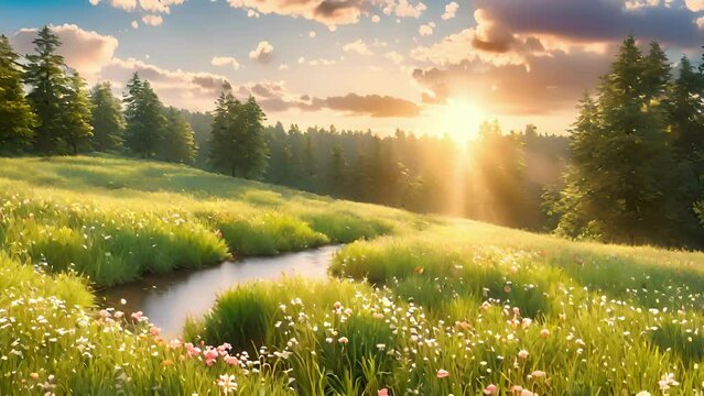 Nestled serene meadow, surrounded vibrant wildflowers, sits Mind Mapping Meadow, tranquil mental oasis. suns rays dance through leaves towering trees, casting warm glow 2d animation