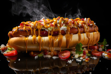 Hot dog with ketchup and mayonnaise, dramatic studio lighting and a shallow depth of field, placed on a reflective black surface, hot steam. Ai Generated.NO.04