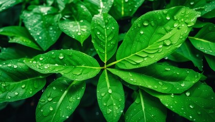 Fototapeta premium A green plant with leaves covered in droplets of water