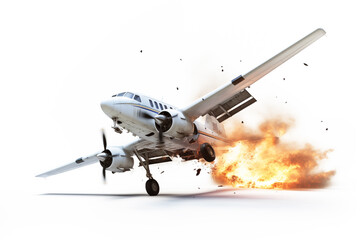 white airplane, accident frontal on runway of smoke and catch fire out of in side, on isolated white background