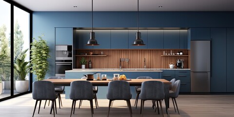 Kitchen and dining room interior design with dark blue wall, ed in .