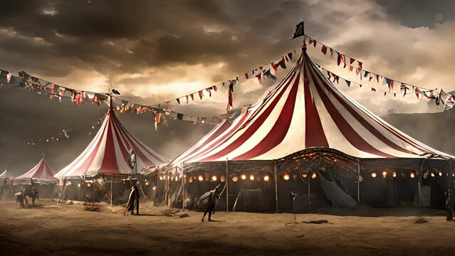circus tents stand tatters, their striped fabric flapping harsh winds that sweep through dystopian landscape. bright lights that once illuminated carnival have been with 2d animation
