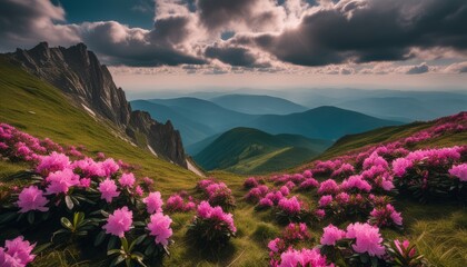 A beautiful mountain side with a field of pink flowers