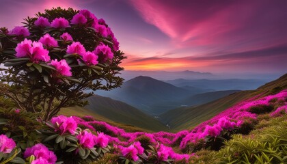 Obraz premium Pink flowers bloom on a hillside during a beautiful sunset