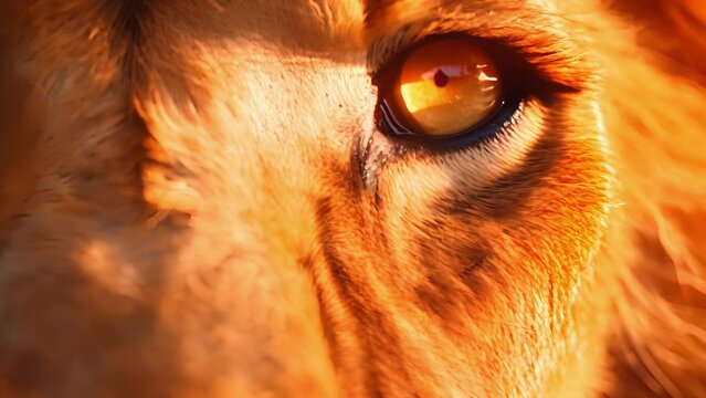 The camera zooms in on the impressive eye of a lion, highlighting the captivating contrast between its vibrant orangegold hue and the surrounding defocused brush.