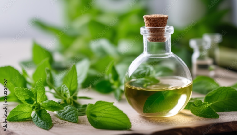 Poster A bottle of mint oil with green leaves