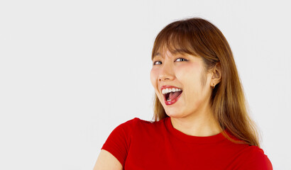 Young asian woman long hair style in red t shirt posing happy face emotional isolated on white background