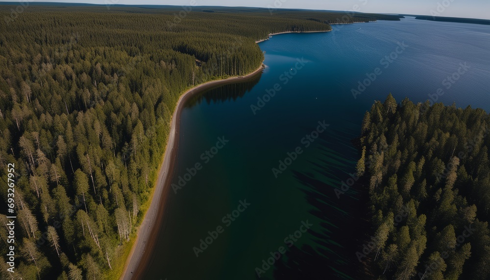 Sticker A beautiful view of a lake with a sandy beach and trees