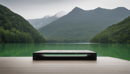 A dock on a lake with mountains in the background - obrazy, fototapety, plakaty