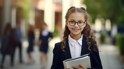 Smiling american schoolgirl holding book and looking at camera, blur background, copy space - generative ai
