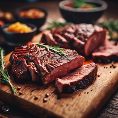 cooked meat on wooden board