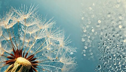 Obraz premium Dandelion seeds on blue with droplets.