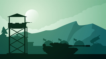 Military base landscape vector illustration. Silhouette of at military base with tank and watchtower. Military landscape for background, wallpaper or illustration. Barrack army and turret gun - obrazy, fototapety, plakaty