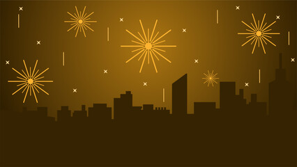 New year cityscape vector illustration. Scenery of city with sparkling fireworks in new year event. City landscape for illustration, background or wallpaper. City silhouette in the firework festival - obrazy, fototapety, plakaty