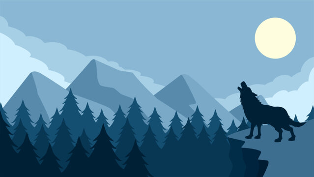 Wildlife wolf landscape vector illustration. Scenery of wolf howling silhouette in the cliff. Wolf wildlife landscape for illustration, background or wallpaper