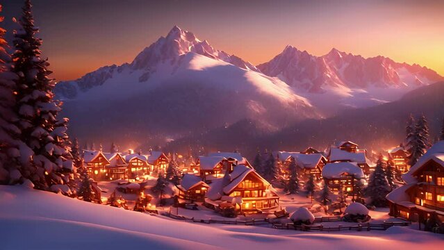 sets behind towering mountain range, ling lights cozy resort spotted base, activity winter sports enthusiasts. 2d animation