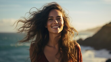 portrait of happy casual young woman smiling with sea and beach