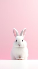 Cute white rabbit on pink background, easter concept, copy space