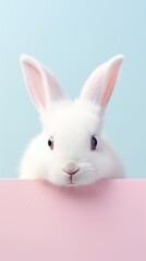 Cute white rabbit on pastel blue background. Easter concept.