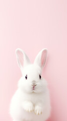 Cute white rabbit on pink background. Minimal easter concept.