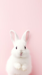 Obraz premium Cute white rabbit on pink background. Minimal easter concept.
