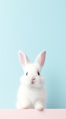 Obraz premium Cute white bunny on pastel blue background with copy space.