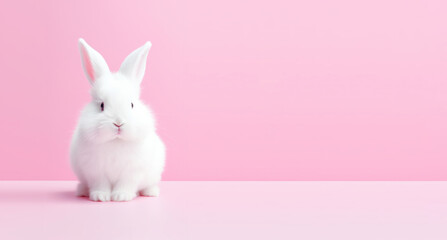 Cute white easter bunny on pink background with copy space.