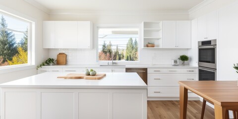 Fototapeta na wymiar Contemporary white kitchen in new home.