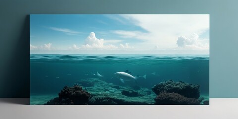 A dolphin gracefully glides through the ocean, under a clear blue sky