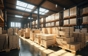 3d illustration of Interior of modern warehouse storage full of boxes