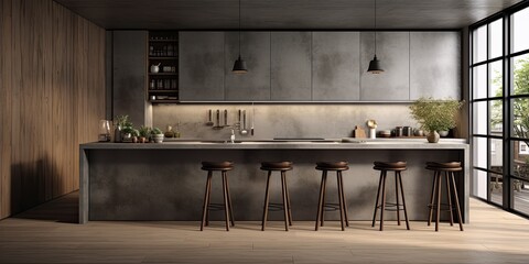  kitchen with panoramic corner, concrete walls, wooden floor, dark gray sink island, gray cupboards and bar with stools.