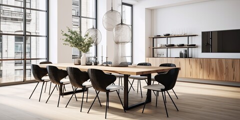Contemporary white apartment with modern dining room featuring wooden table and black chairs. - Powered by Adobe