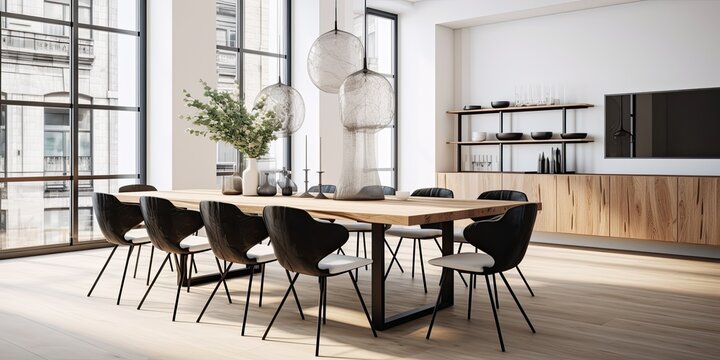 Contemporary white apartment with modern dining room featuring wooden table and black chairs.