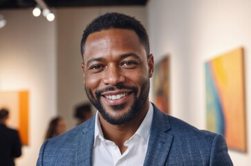 Black African American professional businessman in a art gallery, smiling, happy