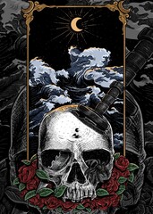 Fototapeta premium Skull and waves artwork line art