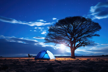 A lone tree with a tent beside it under the Milky Way.