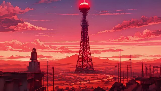 enigmatic radio tower stood tall imposing against backdrop desolate wasteland, lights flashing intermittently transmitted puzzling codes across airwaves. 2d animation