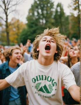 Young teenage boy at a youth festival or music concert, happy candid moment, retro photo in high resolution
