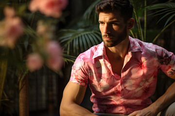 Fototapeta premium Handsome, charming male model in a stylish pink shirt adorned with floral patterns, exuding confidence and modern allure