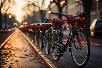 A row of bicycles adorned with Christmas wreaths, part of a city bike tour. - obrazy, fototapety, plakaty