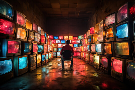 A person sits facing a large array of colorful vintage television sets in a dark room.