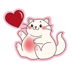 Cute cat and red heart on white background. Valentine's Day celebration