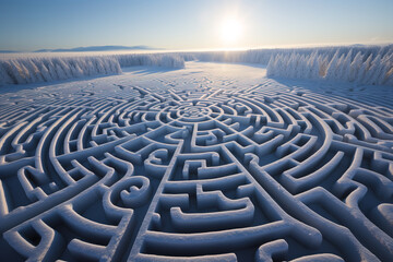 Aerial view of a snow labyrinth made in a field.